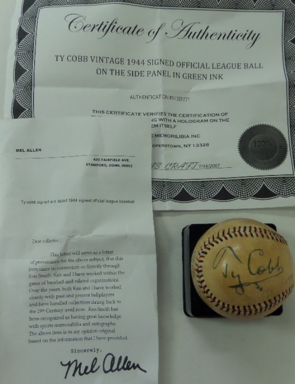 This nice old ball is red and blue laced, "Official League Ball" stamped, and comes green ink, side panel signed and dated from 1944 by the late, famed Cooperstown Legend. The ball itself is a soft 6, discolored, but not really worn, and the signature is larger than most, can be seen from 20 feet way easily, and grades an honest 7 or better. Add in the Mel Allen Yankees LOA, and you have an easy decision to make. 