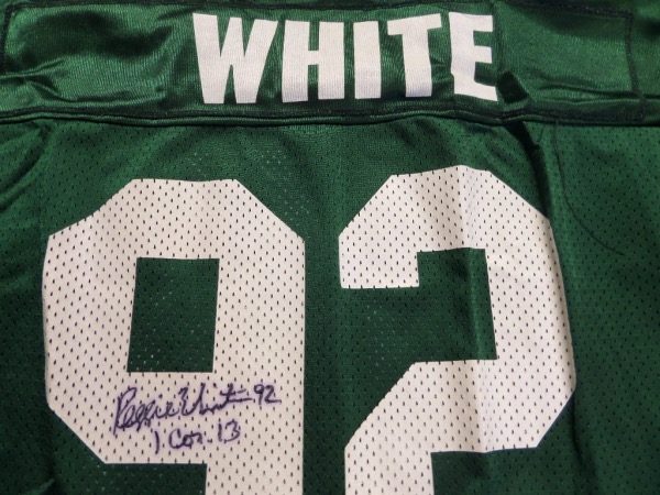 This mint Green Bay road green is trimmed in white and gold team colors, and has screened on everything as well as name on back. It comes back #92 signed by the deceased HOF star, and in bold black sharpie. He is almost impossible to find, this is Lee approved, and his usual Bible verse is written. 
