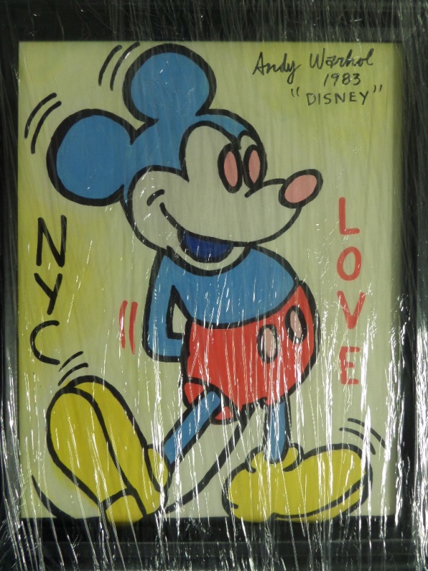 This 1983 dated and signed work is full color, and comes to you framed in black and ready to hang. It is about 9x12 in size, shows the loveable cartoon mouse in full, and has copyrighted Warhol stamps on the back for authenticity. Great chance, and a sky high value. 