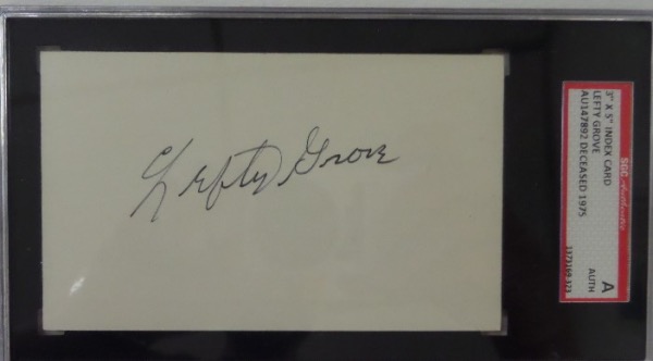 This white, unlined 3x5 index card is still in NM shape overall, and comes hand-signed in black by 300 game winner and HOF A's/Red Sox ace hurler, Lefty Grove.  The signature grades about an 8 overall, and the card is slabbed authentic by SGC (AU147892) for rock solid authenticity.  Valued well into the hundreds from this long-deceased HOF great!