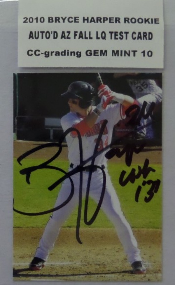 This TEST ISSUE ROOKIE card of Bryce Harper from 2010 is from the Arizona Fall League and is a Blank Back Card, and shows him batting in his #34 Nationals Jersey. This card is AUTOGRAPHED beautifully by Bryce in thin black sharpie, and comes CC-GRADED GEM MINT 10.  His Rookie cards from 2011 graded this high sell in the thousands, but look at this beauty..
