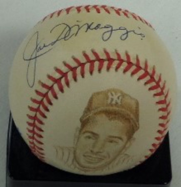This Gregg Packer gem is a one of a kind from the talented sports artist, and shows Joe's face on a side panel. It is a treasure, not some hack job, and comes blue ink, sweet spot signed by the "Yankee Clipper" as an added bonus. It as a $400.00 offering BEFORE he signed it..what's it worth now? 
