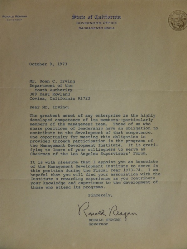 This type-written letter is dated from October 9, 1973, and is addressed to a Donn Irving, of the Department of the Youth Authority of California.  It is hand-signed at the bottom in black ink by the then-Governor, Ronald Reagan, his signature grading a strong, legible 8.5.  A really great and historic letter that is an ideal size for framing and display, and PERFECT for any Presidential collection!