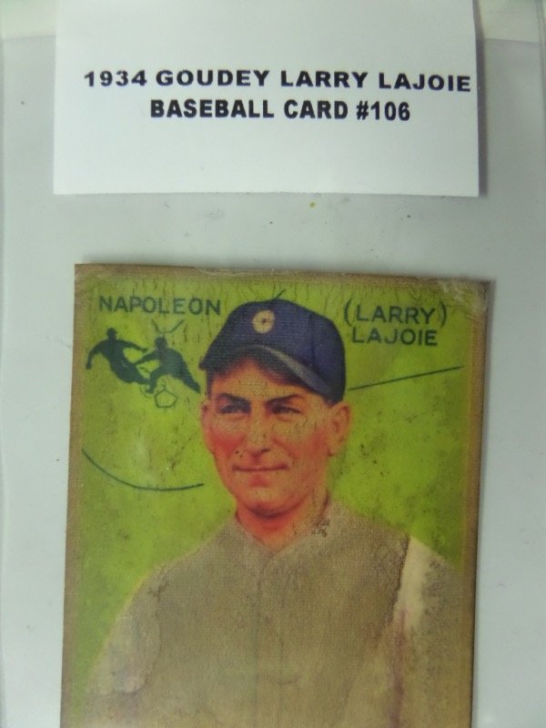 This card #106 from 1933 Goudey is the Nap Lajoie Card and in Good+ condition with corner wear and light crease on left side of card.  Nice card for vintage collection