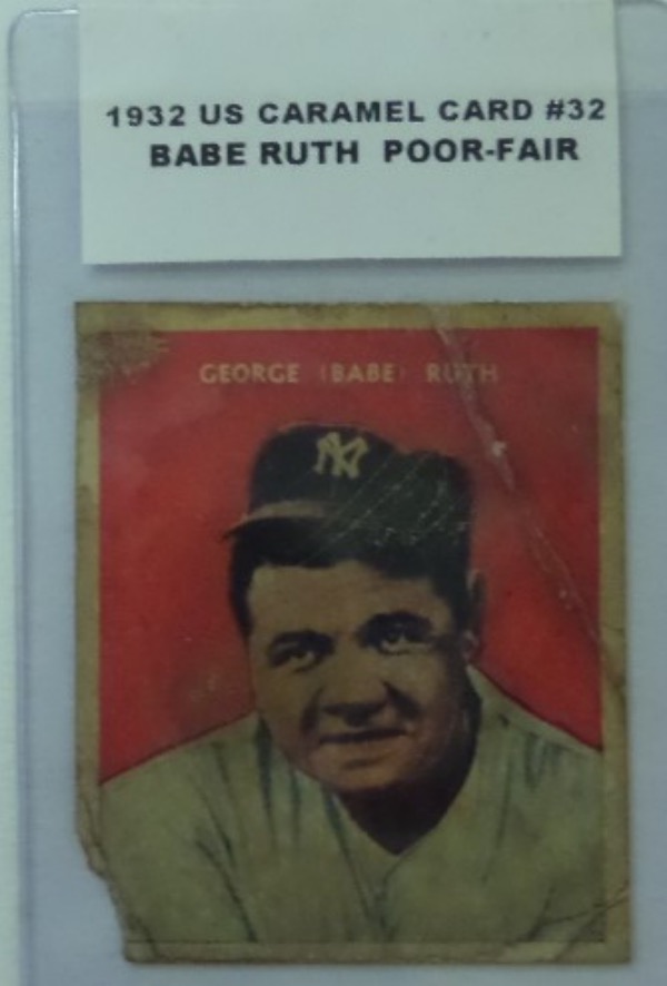 This card #32 from 1932 US Caramel is the BABE RUTH card with the red background. There is some staining and creasing, and corner wear. The POOR--FAIR grade is correct, but still a vintage card of Babe Ruth.