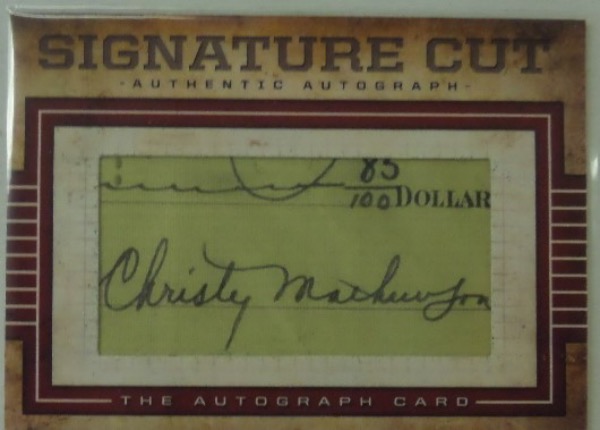 This amazing insert is a 1 of 1 card and features a real signature cut from "Matty". It is a $3000.00 card, an authentic autograph Signature Cut from the long gone NY Giants HOF pitcher, and sold here with NO reserve. It was definitely cut from a personal check about 100 years ago, and grade is a 7 or better. 