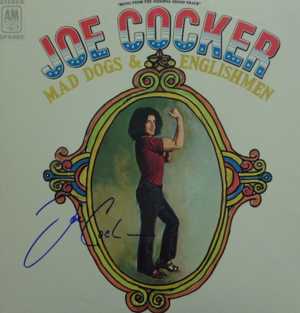 This 1970 issue of Joe Cocker's "Mad Dogs & Englishmen" live album is actually album cover only--there is no record inside.  Still, it is in EX/MT to NM shape, and comes hand-signed in bold blue sharpie by the iconic rock singer himself.  A great piece that will shine in any music collection, and with Cocker's death now 8 years ago, retail is well into the hundreds!