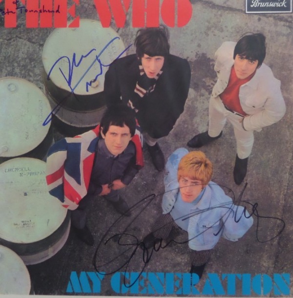 This THE WHO "My Generation" album cover looks to be from some sort of repress, because it is in fabulous condition.  It has no record inside, but really, who cares, because the color image of the band on the front cover is hand-signed by the two that are still living, including singer Roger Daltrey in black sharpie and guitarist/songwriter Pete Townshend in blue. AWESOME rock and roll collector's item, and retail is mid hundreds!