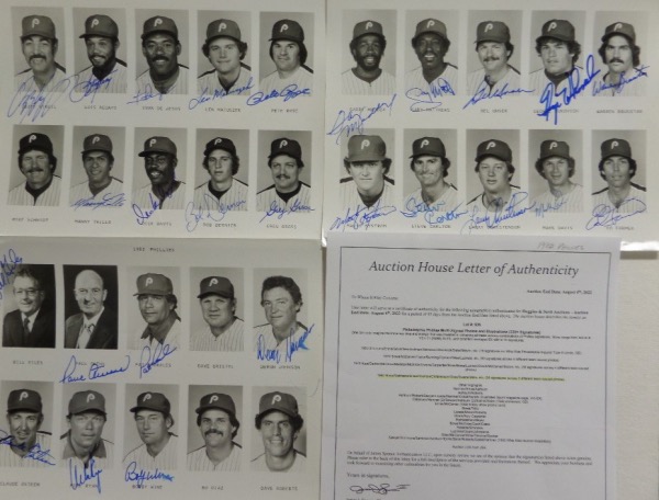 This unique collector's chance is THREE different black and white 8x10 photo prints, each showing 10 members of the 1982 Philadelphia Phillies, a precursor to the '83 pennant-winning squad, with many, many holdovers from the '80 World Championship team.  There are a grand total of 26 autographs here--out of a possible 30--and included are Steve Carlton, Garry Maddox, Gary Matthews, Pete Rose, Manny Trillo, Bill Giles (dec), Paul Owens (dec), Del Unser, Larry Christenson, Greg Gross and many more, and a copy of the original Huggins & Scott Auction JSA group LOA is presented for authenticity.  