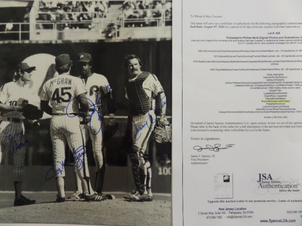 This black and white 8x10 photo shows four Phillies convening at the mound during a 1976 Phillies game.  It is hand-signed by all four, including backup catcher Johnny Oates, Gold Glove shortstop Larry Bowa, All Star 2nd baseman Dave Cash, and, of course, the incomparable Tug McGraw, ALL in beautiful, clean blue sharpie.  Comes with a copy of the original Huggins & Scott JSA group LOA, and with half of the men now deceased, retail is well into the hundreds!