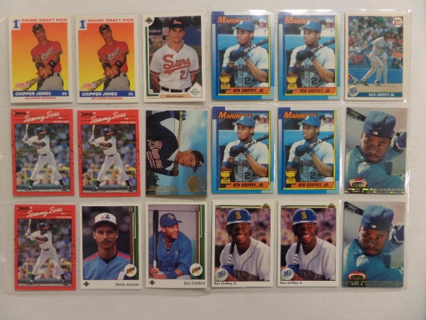 This collection of late 1980's to early 1990's rookie baseball cards is ideal for the current market, and includes the following: (3) 1990 Donruss Sammy Sosa, (2) 1991 Score Chipper Jones, a 1994 Ultra Chipper Jones, a 1991 Upper Deck Mike Mussina, a 1989 Upper Deck Randy Johnson, and a 1989 Upper Deck Gary Sheffield.  These cards are all NM or better, with sky high retail, but that's not all ... OH NO!  As a bonus, you'll receive no less than NINE Ken Griffey Jr. baseball cards, also NM or better, including (4) 1990 Topps, (2) 1990 UD, (2) Topps SC and a Front Row Promo.  AWESOME set of baseball cards, and you simply won't believe what you can get for them right now!