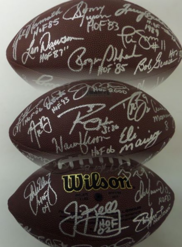 This full size NFL football from Wilson is in NM shape, and comes hand-signed all over in bright silver by no less than 25 all time QB greats.  Included are Jurgensen, Bradshaw, Staubach, Namath, Dawson, Griese, Manning, Moon, Brees, Manning, Rodgers, Aikman, Fouts, Brady, Manning and more.  Check out our attached photo.  WOW!  What a looker, and retail?  With so much star power here, we're looking at low thousands, easily!