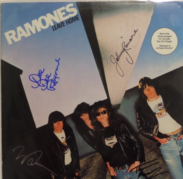 This 1977 "Leave Home" original album from punk rock icons The Ramones is still in EX overall condition, and comes front cover-signed in blue and black sharpie by all four band members.  Included are Johnny Ramone, Dee Dee Ramone, Tommy Ramone and Joey Ramone ... and guess what?  Not one of them is still alive today, so anything Ramones-signed is simply that much more valuable!