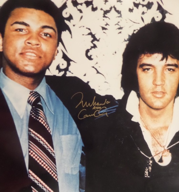 This full color 16x20 photo is in EX shape, and is an image of Muhammad Ali and Elvis Presley, posing together for the camera in the early to mid 1970's.  It is hand-signed in gold sharpie by the 3 time Heavyweight Champion of the World himself, grading an 8, and including an AKA Cassius Clay inscription.  A great "show off" photo and conversation piece, and retail is mid/high hundreds!