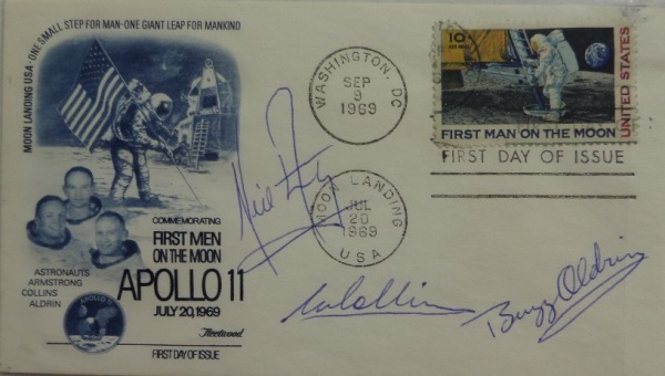 This GORGEOUS FDC is stamped/dated from 1969 in Washington DC and honors the Apollo 11 Moonwalker mission.  It comes signed wonderfully in blue ink by all 3 of them and included are Neil Armstrong, Buzz Aldrin, & Michael Collins.  Ideal for showing off and great piece of Americana. 