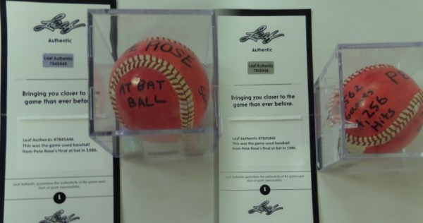 This historic one of a kind collectible is right from Leaf, has their lifetime hologrammed and numbered tag intact, and is his actual ball used in his final 1986 at bat of his career. It is painted red, gives the date, venue etc. for info, and is valued at "priceless". It is a super cool collectible from the all-time "Hit King:", and value is sky high. 