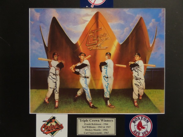 This 1980's Ron Lewis artwork shows the 4 living guys who won the crown, and comes sharpie signed by Ted, Mickey, Yaz and Frank Robinson. It grades an honest 9 all over, comes to you matted with team logos surrounding, and measures a giant 16x20 in size. 