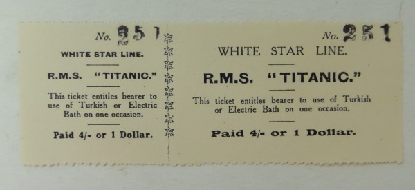 I have seen these sell went into the thousands at Christie's and other auction houses.  This is an original #251 ticket for the RMS Titanic for 1 use of the Turkish bath!   Very rare with perforation still evident.  Great piece of history. 