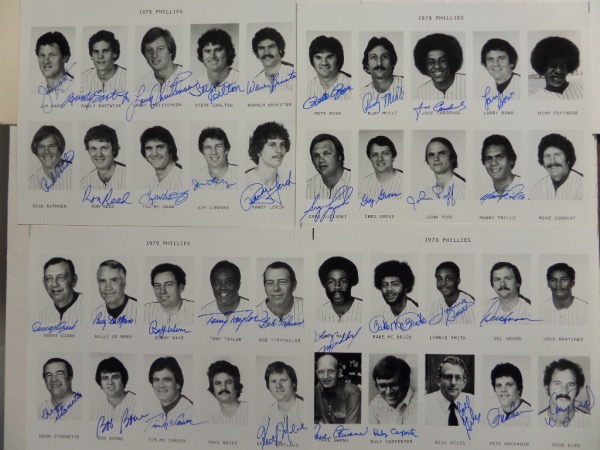 This one of a kind, and highly displayable lot is FOUR black and white 8x10 photos, each featuring 10 members of the 1979 Phils.  Of the 40 pictured, 36 have penned these prints, including HOF'ers Jim Kaat and Steve Carlton, as well as notables like Pete Rose, Garry Maddox, Bake McBride, Bill Giles, Ruly Carpenter, Paul Owens, Greg Luzinski, Manny Trillo, Larry Bowa, Tim McCarver, Bob Boone, Jim Lonborg and more, and a copy of the original JSA group LOA is included for authenticity purposes.  An outstanding addition to any Phillies collection, with a great many autos from the famed '80 squad!