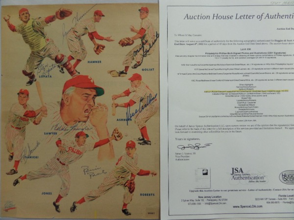 This full magazine page is from a 1950 issue of SPORT magazine.  It is in EX/MT shape overall, with color images of 7 Whiz Kids players and Manager Eddie Sawyer, and is hand signed by 7 total.  Included are Sawyer, Stan Lopata, Mike Goliat, Granny Hamner, Ed Sanicki ... oh, and HOF'ers Richie Ashburn and Robin Roberts, and the piece comes with a copy of the original Huggins & Scott Auction JSA group LOA for rock solid certainty.  AWESOME and classic Phils item, and retail is mid/high hundreds!
