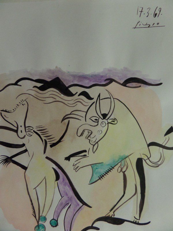 This 12"x17" piece is done on white artists paper and is typical Picasso.  Shows a man-like Bull chasing a women-like Bull and is done in great lighter tone watercolors with black edges.  Dated and SIGNED by Pablo in 1969 at the top and begs to be framed and shown off. Comes with 4 original stampings on the back from Pablo and the British Museum!  Super high retail value. 
