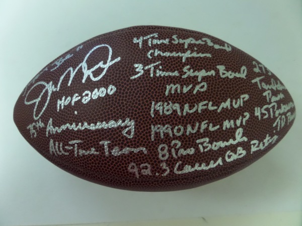 This $3500.00 collectors item is a super easy buy and hold investment in the HOF QB and comes not only silver paint pen signed, but with more than 10 lines of career stats written in his hand as well. This gem is a 15 on a 1-10 scale, a special ball for a special collection, and is gem mint clean, bold and perfect from "Joe Cool". 
