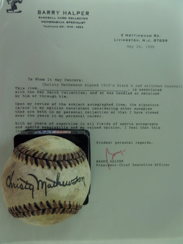This well used vintage ball has red and black lacing evident, and comes black ink, sweet spot signed by the long gone HOF pitcher. The ball itself is a used 3 or so, and the signature really stands out because of that, grading an honest 7 or so. Add in the Barry Halper lifetime letter, and you have an easy choice to make. 