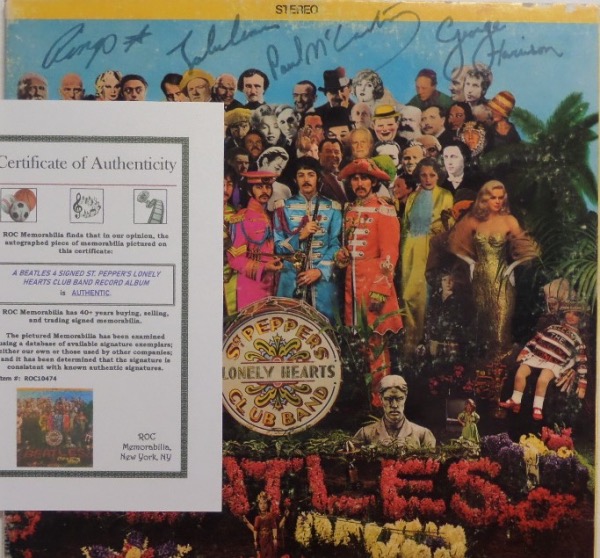 This original "Sgt. Pepper's Lonely Hearts Club Band" album is still in EX condition, with the iconic 1960's image on the front. It is black felt marker-signed by all four of The Fab Four, including John, Paul, George and Ringo, with their signatures grading 7's on average, and the album comes with a photo COA from ROC Memorabilia.  Valued well into the thousands!