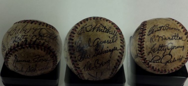 This vintage ball is kind of a brown toned color and features red and blue stitching. It comes black ink signed by 19 including both Ruth and Gehrig, as well as Jimmie Foxx, Connie Mack, Lefty Gomez, Bing Miller and more. The ball is in F/G shape overall, but the signatures still show off nicely as it was kept out of the light and handling over the years!!  BV into the 6 figures easily. 