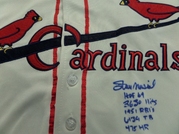 This awesome 1940's styled St. Louis home white is a quality jersey, tagged by Mitchell & Ness, and has sewn on everything. It comes front side signed by "Stan the Man" in bold blue sharpie, has some career stats written as well as a bonus, and was IN PERSON obtained by Hobby Giant Ted Taylor for certainty. 