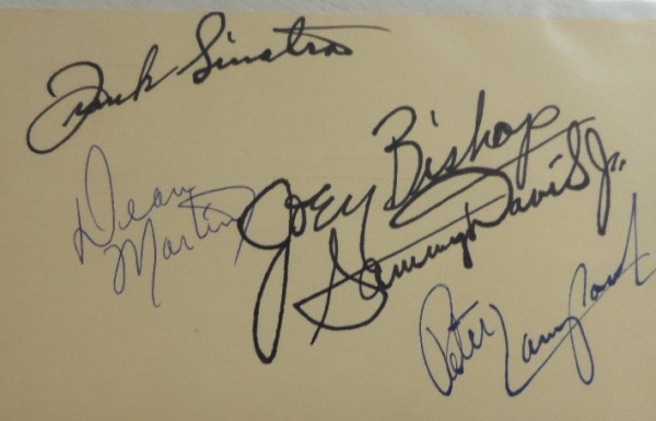 This very old 2cent United States Government postcard is still in EX/MT shape overall, and comes hand-signed on the "blank side" in blue and black by all five main Rat Pack honorees.  Included are Frank Sinatra, Dean Martin, Sammy Davis Jr, Peter Lawford and Joey Bishop, with all signatures grading clean 8.5's or better, and with all five men now deceased, this piece is valued into the very high hundreds, and absolutely perfect for matting and framing with the photo of your choice!