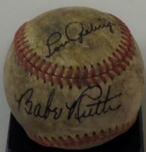 This RARE treasure is an old unlabeled red-stitched ball that is in F/G shape with aging/handling evident. It comes sweet spot signed by the Babe in black ink and on the panel just above by Lou in black ink also. Easy to display with both GORGEOUS and rare signatures near 1 another and book value is off the charts into the 6 figures.  2 Yankee legends on 1 ball and NICE!