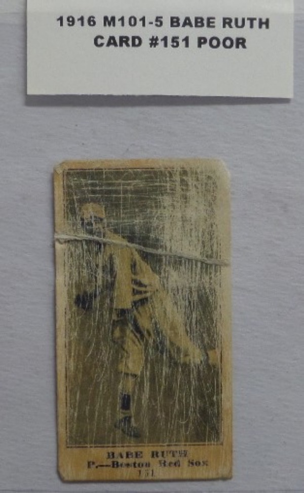 This 1916 M101-5 Baseball card of Babe Ruth has the Sporting News Back and is in Poor Condition with some Creases and wear all around. The back is clean with just the creases making the card still in great demand as any BABE RUTH card is and well valued in mid hundreds
