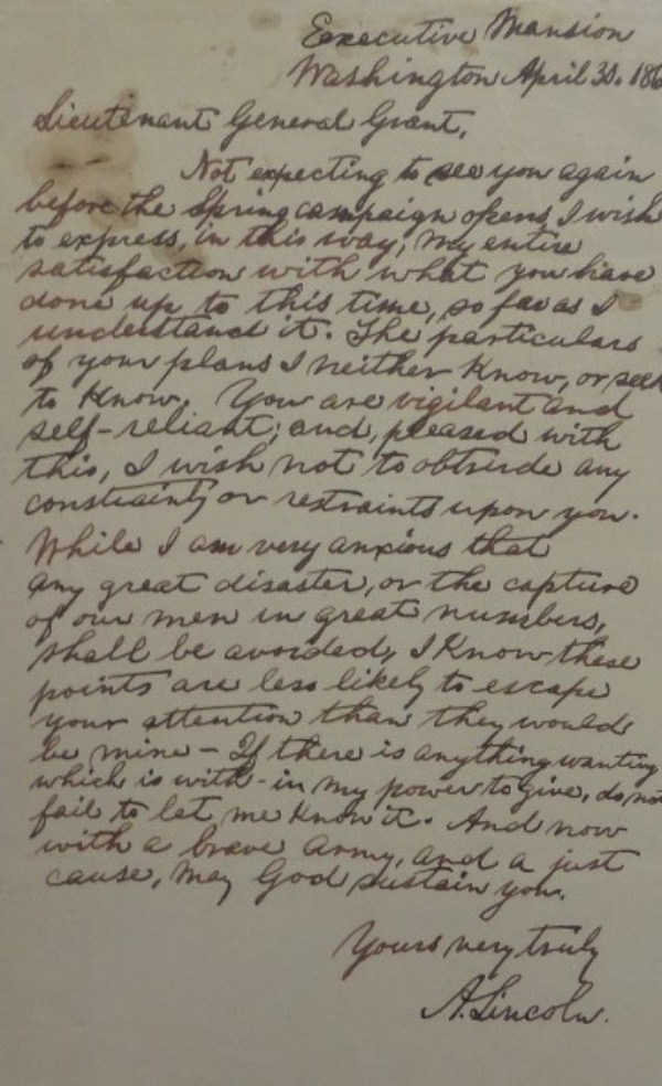 This very old white parchment measures right around 6x9.75 in size, and is dated April 30, 1864, from the Executive Mansion.  It is a correspondence with then-Lieutenant General Grant, written presumably in his hand, and is signed A. Lincoln at the bottom by number 16 himself.  It is a perfect size for framing and display, looks really clean, and will show off proudly in any collection.  With Lincoln's death now approaching 160 years ago, retail is easily well into the thousands!