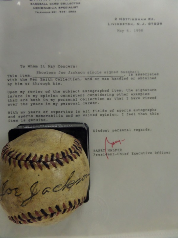 This vintage 1920's ball has red and black lacing evident, and comes black ink, sweet spot signed by the late, banned should be HOF'er! The ball is used but not abused, an honest 3-4 or so, and the high value signature is a clear but sloppy 6.5. We know that his wife signed a few of these, but the LOA from the famous collector Barry Halper says that Joe himself signed it! And he lifetime guarantees that!