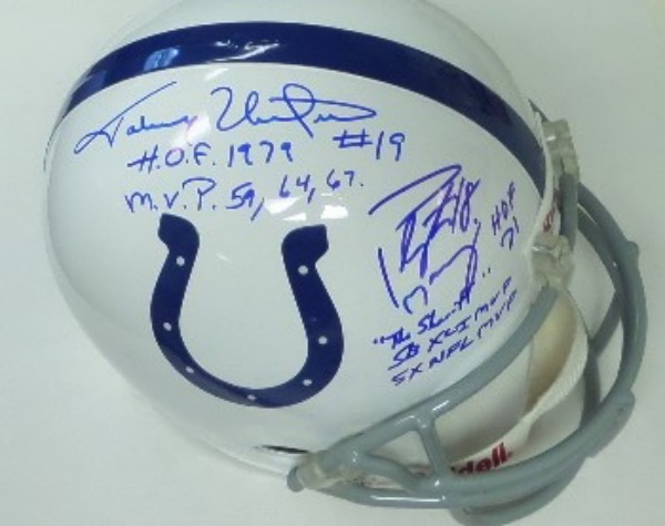 This full size Colts replica football helmet from Riddell is still in NM/MT condition, and comes hand-signed in blue sharpie by the two most celebrated QB's in team history.  Included are Johnny Unitas, woth HOF 1979, #19, and MVP 59,64,67 inscriptions, and Peyton Manning, with #18,. HOF21, "The Sheriff", SB XLI MVP and 5X NFL MVP inscriptions.  Grades as clean and bold as it gets, and retail is low thousands on this Colts MUST!