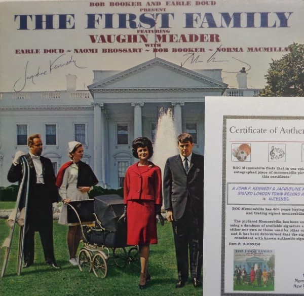 This original "The First Family" LP album is still in fabulous condition, and comes front cover-signed in black ink by then United States President, John F. Kennedy and his First Lady, Jacqueline Kennedy.  Signatures grade 7.5's each, and the album comes with a photo COA from ROC Memorabilia.  Valued well into the thousands!