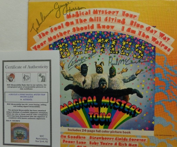 When you think about the greatest band of all time, you think about The Fab Four.  This piece is an original 1967 "Magical Mystery Tour" LP album, hand-signed on the front cover by all four Beatles.  Included are John Lennon, Paul McCartney, George Harrison and Ringo Starr, all in black sharpie, and each a bold 8 or better.  A fantastic collector's item, ROC Memorabilia certified, and valued at PRICELESS!