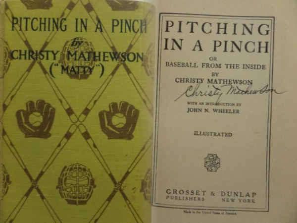 This awesome item is an original 1st edition 1912 hardback version of "Pitching in a Pinch" by Christy Mathewson.  It is inner title page-signed in black ink by the 373 game winner and 1936 HOF inductee himself, grading an overall 7.5-8, and with his death now just short of a century ago, this book is worth thousands!