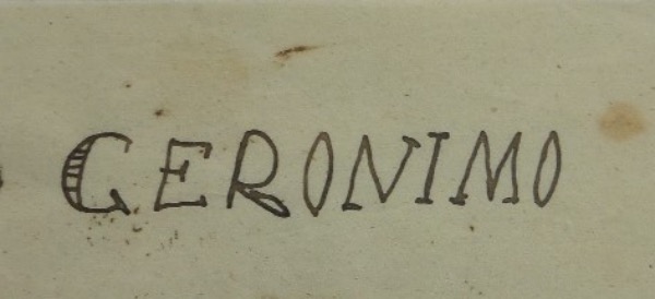 This vintage light blue unlined cut of paper is decently cropped, measuring approximately 1.25x3" in size.  It comes black ink-signed by the legendary Indian Chief in his traditional all caps style, grading a legible 7 overall, and the cut is ideal for matting and framing with the photo of your choice.  Valued well, WELL into the thousands!