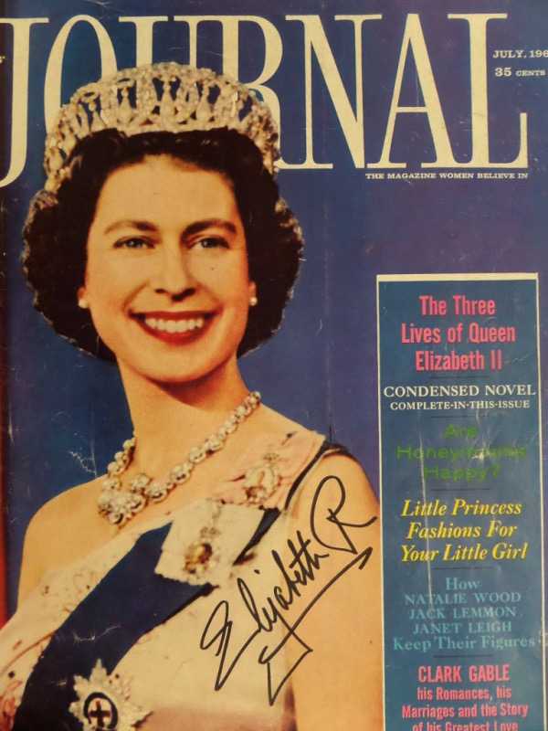Right now, you simply cannot find a more smoking hot item in the memorabilia market.  This July 1961 Ladies' Home Journal full magazine is still in G+ overall condition, with a color image of a then-very young Queen Elizabeth II.  It is hand-signed by the longtime regent herself, reading Elizabeth R and grading, quite honestly, as good as it gets!  With her recent passing, retail on this gem is into the low thousands!