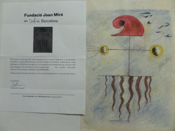 This high value work is right from his gallery in Barcelona and has a COA included from the "Fundacio Joan Miro" for certainty. It was sold in 1976, shows some kind of abstract fish/sperm scene, and measures near 12x15 in size. It comes hand signed by the late Master artist, and value is many times our opening bid pricing. 