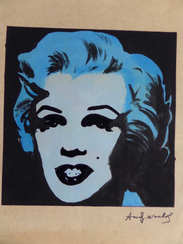 This super cool, very rare Marilyn Monroe work is about 11x14 in size, shows the late Hollywood star in a blue and black painted head shot, and comes hand signed by the late, famed NYC pop artist. It has all kinds of authenticity on the back side, from his own estate stamp to several gallery stamps, and value is ??