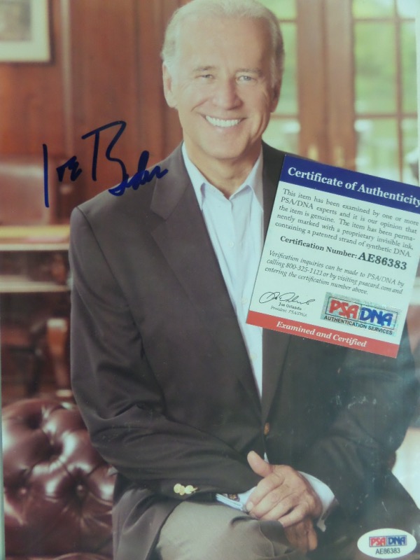 This full color 7x10 photo shows a then-US Senator, Joe Biden, smiling and posing for the camera.  It is hand-signed in blue sharpie by the 46th United States President himself, grading a strong 8.5 overall, and the photo is accompanied by a COA/sticker from PSA/DNA (AE86383) for rock solid authenticity.  Valued into the low thousands!