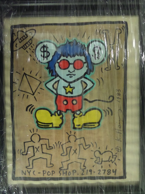 This super cool work is one of my faves and comes framed to you at 10x13. It shows a colorful guy, surrounded by his usual figure people, and comes signed and dated by the late star artist from 1983. His actual phone number is written on here, and there are 3 stamps on the back from his estate for lifetime authenticity. Value is thousands on a superior work. 
