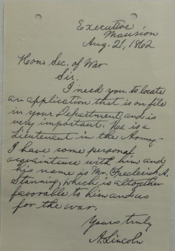 This very old white parchment measures right around 5x8.5 in size, and is dated Aug 21, 1862, from the Executive Mansion.  It is a return letter to the Secretary of War, written presumably in his hand, and is signed A. Lincoln at the bottom by number 16 himself.  It is a perfect size for framing and display, looks really clean, and will show off proudly in any collection.  With Lincoln's death now approaching 160 years ago, retail is easily well into the thousands!