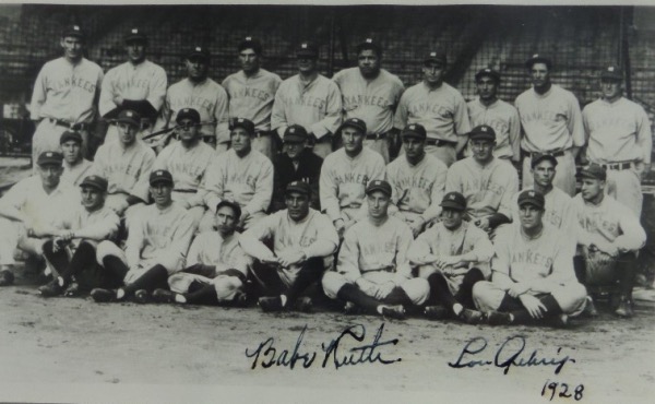 This black and white photo measures approximately 6x10, and is an image of the World Series Champion 1928 New York Yankees.  All of the "Murderer's Row" greats are pictured here, and the photo comes hand-signed in fountain pen by the two greatest of them all, Babe Ruth and Lou Gehrig!  These signatures grade 6's each, with Gehrig adding the 1928 year, and when framed and hung, this baby will be the envy of even the most serious collector!