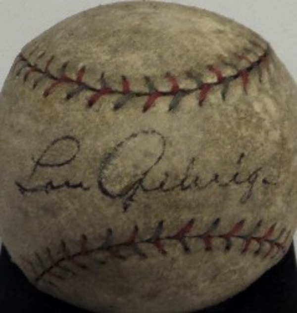 This red and blue-laced, vintage baseball shows quite a bit of age, and is in F overall condition  It features the black ink signature of Lou Gehrig on the sweet spot, and grades a legible 4-5 overall, with the signature wearing evenly with the baseball.  Valued well into the thousands!