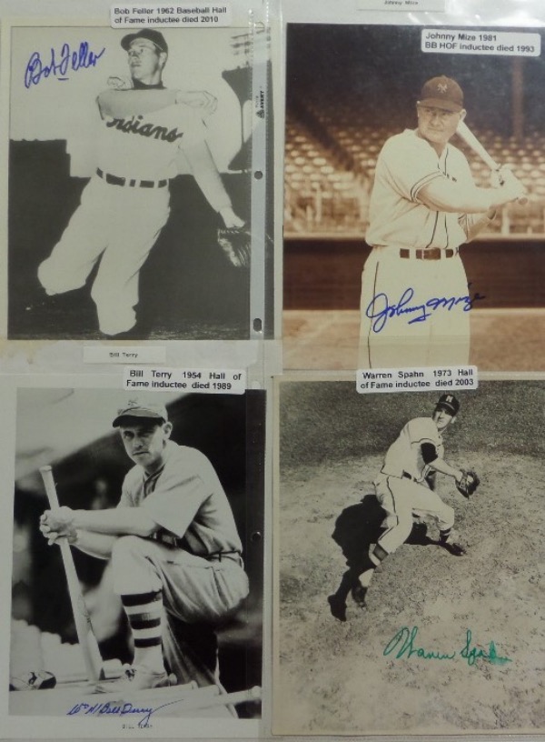This unique group lot is FOUR black and white/sepia toned 8x10 photos, each of a HOF great who is no longer with us.  Each 8x10 is hand-signed by the corresponding players, and included are Bob Feller, Johnny Mize, Warren Spahn and Bill Terry, and with all four diamond greats now long gone, retail is mid/high hundreds, easily!