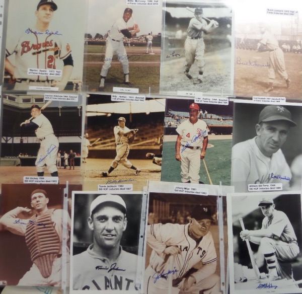 There are 340 individuals enshrined in the National Baseball Hall of Fame and Museum in Cooperstown, NY.  Here, we have TWENTY-FOUR of 'em, and not one is still alive.  Yes, that's right, 24 Hall of Famers are represented here on autographed 8x10 photos, and included are some of the greats of all time, with Warren Spahn, Willie McCovey, Al Lopez, Buck Leonard, Harmon Killebrew, Billy Herman, Luke Appling, Happy Chandler, Carl Hubbell, Joe Sewell, Bill Dickey, Travis Jackson, Bill Terry, Johnny Mize, Monte Irvin, Orlando Cepeda, Jocko Conlan, Sparky Anderson, Tommy Lasorda, Hoyt Wilhelm, Willie Stargell, Rube Marquard, Earl Weaver and Bob Feller.  Many of these photos include show tickets, but they were all in person-acquired for authenticity, and with each and every last man no longer with us, you KNOW that retail potential is well into the thousands, so get in on our low, LOW Louisiana Purchase minimum!